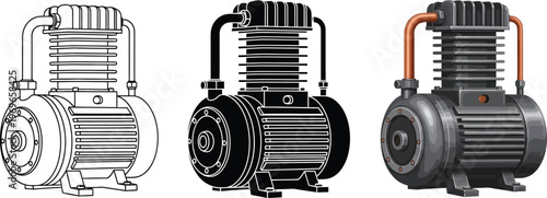 Set of air compressor vector illustrations featuring line art silhouette and detailed styles ideal for industrial engineering and mechanical design projects