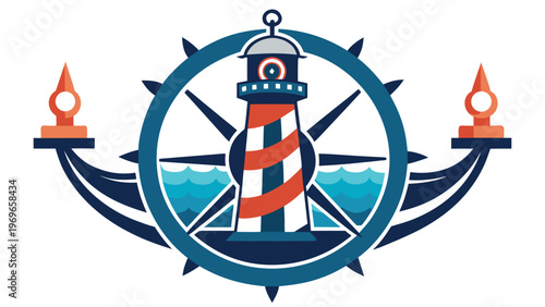 Design showing a lighthouse with a compass around it, representing navigation and maritime themes in a coastal setting