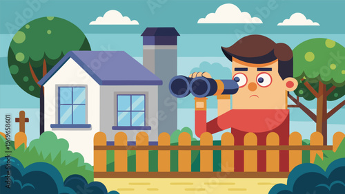 Boy looks through binoculars at a house while standing by a fence in a neighborhood setting during daytime
