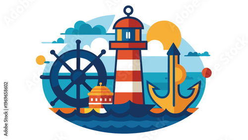 Lighthouse and ocean scene with a ship wheel and anchor under a bright sun in a coastal setting