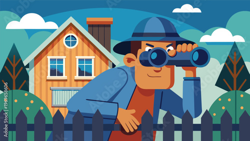 Man looks through binoculars while standing by a wooden fence near a house in a green landscape with clouds in the sky