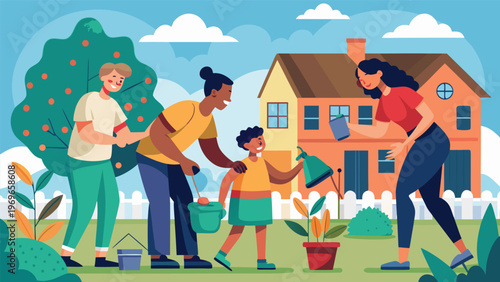 Family members work together in a garden on a sunny day planting flowers and teaching a child gardening skills