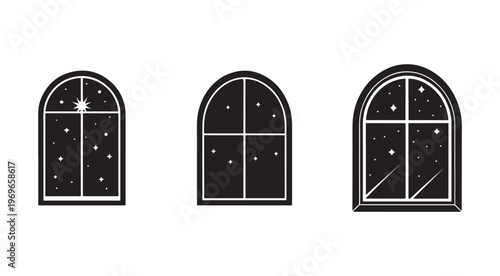 Blackandwhite illustration of three different arched windows with starry night views  closed and one with broken glass