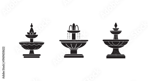 Blackandwhite illustration of three different fountain designs  decorative water features  architectural elements