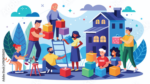 People working together to move boxes while enjoying a sunny day in a residential area