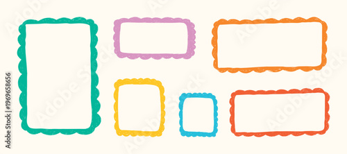 Geometric crayon stamp set. Hand drawn frames, borders for school, children's art, postcard, stickers, wedding invitations. Doodle shape box collection. Isolated whimsical vector illustration.