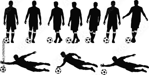 Set of soccer player silhouettes with ball, walking and diving goalkeeper actions, football sport concept, dynamic movement and training poses isolated on white background