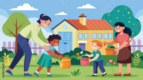 Family members gardening together in a yard during a sunny day while caring for plants and flowers in the garden