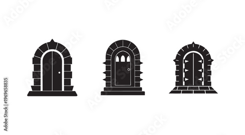 Blackandwhite illustration of three medievalstyle doors with stone archways on white background