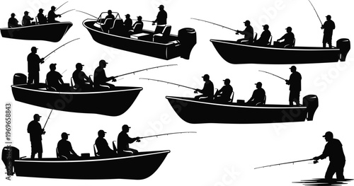 Set of fishing silhouettes with people on boats catching fish, angling activity, outdoor recreation, sport fishing concept and leisure lifestyle isolated on white background