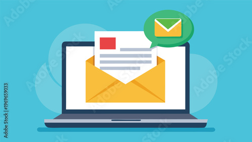 Email notification shows a message on a laptop screen with an envelope graphic in a workspace setting