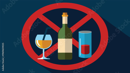 Symbols warning against alcohol use in a graphic design setting, featuring crossed out drinks and a bottle