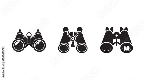 Blackandwhite illustration of three pairs of binoculars with different designs  sideview  isolated on white background