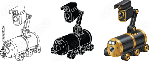 Set of robotic surveillance devices in three distinct styles including line art silhouette and detailed color illustration perfect for security technology concepts