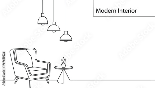 Minimalist Line of a Modern Interior with Armchair and Pendant Lights