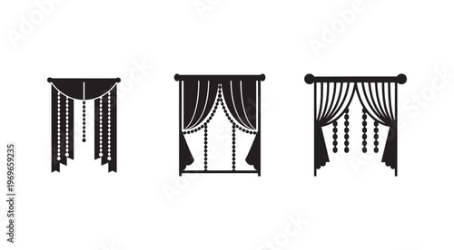 Blackandwhite illustrations of different curtain styles with beads hanging down