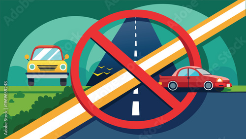 Traffic sign shows no entry for vehicles on the road with clear lanes and green areas on both sides during daytime