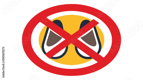 No shoes allowed sign showing a red circle and a crossed-out image of shoes on a yellow background with a white border