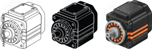 Set of industrial electric motors in various styles including line art solid and detailed cutaway views with copper windings perfect for engineering diagrams and automation concepts