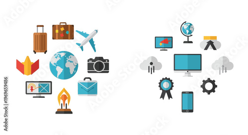 Collection of colorful travel and technology icons arranged in circular patterns