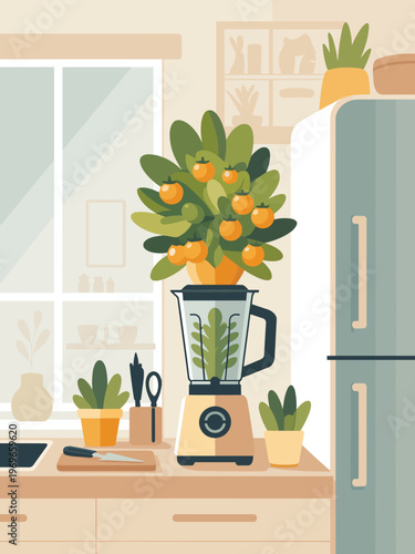 A kitchen interior with a blender, plants, and oranges on the counter beside a refrigerator.