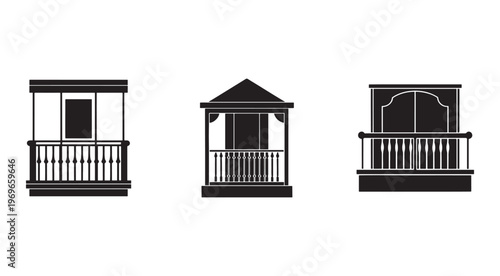 Blackandwhite silhouettes of three different balcony designs with railings and roof extensions  architectural elements  simple illustrations