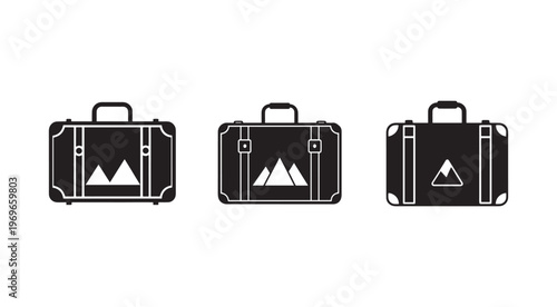 Blackandwhite suitcase icons with mountain graphics on white background for travel and adventure themes