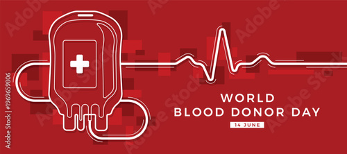 World blood donor day - White line blood bag to line stream blood with heart wave line on abstract rectangle texture red background vector design