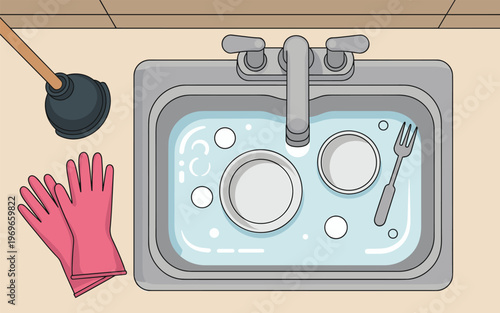 A kitchen sink filled with water and utensils next to a plunger and glove