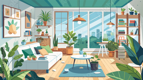 Modern living room with plants and large windows showing city view during daytime