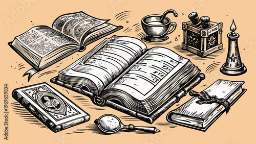 Various books and reading tools arranged on a flat surface in an indoor setting during daytime