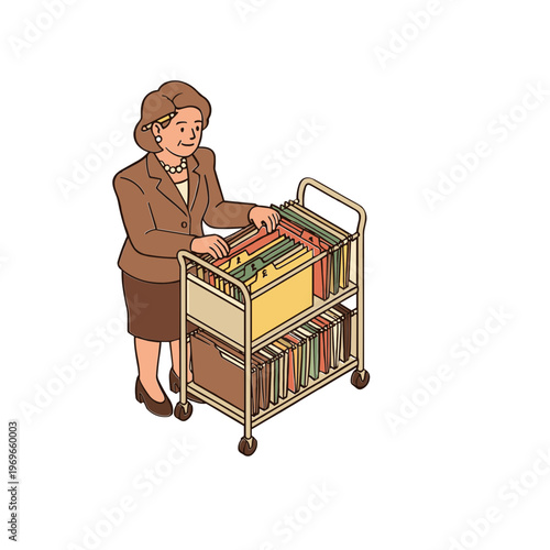 Woman pushing a cart filled with files and books in an office