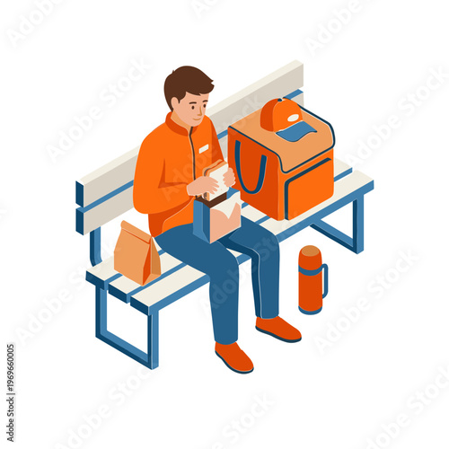 Man sitting on a bench eating from a box with a lunch bag nearby outdoors