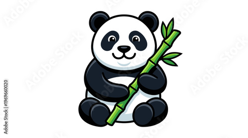 Cute cartoon panda holding bamboo stick.