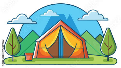 Camping tent setup in a green area with trees and mountains during daytime