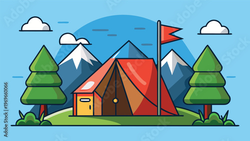 Camping tent set up in the mountains with trees and clouds under a clear blue sky