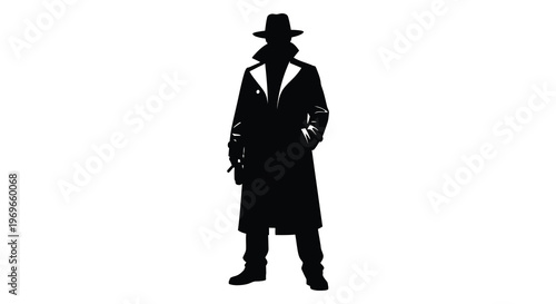 A shadowy figure in a trench coat and fedora striking a dramatic silhouette