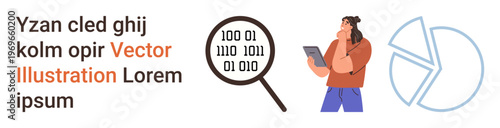 Digital analytics, data research, coding, information technology, visualization, problem solving. A person analyzing tablet data, binary code with magnifying glass pie chart. Digital analytics