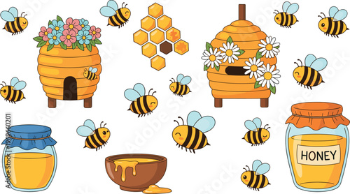 Cute honey bee elements set vector illustration featuring beehive flowers honey jar comb and flying bees isolated