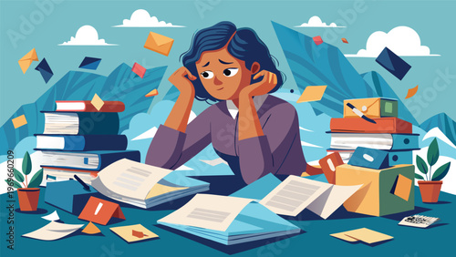 Student studies with many books and papers on desk while feeling stressed about schoolwork in a bright and cluttered room