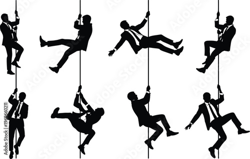 Set of businessman silhouettes climbing rope in dynamic poses, concept of career growth, ambition, challenge, success and determination isolated on white background