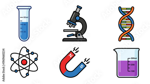 Science icons set including test tube, microscope, DNA, atom, magnet, and beaker