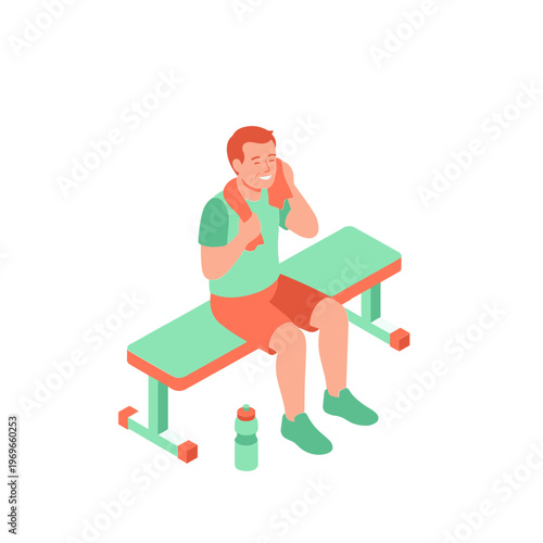 Man sitting on gym bench talking on phone with dumbbells nearby