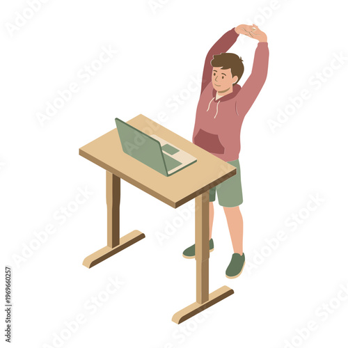 Man stretching at desk with laptop in office environment
