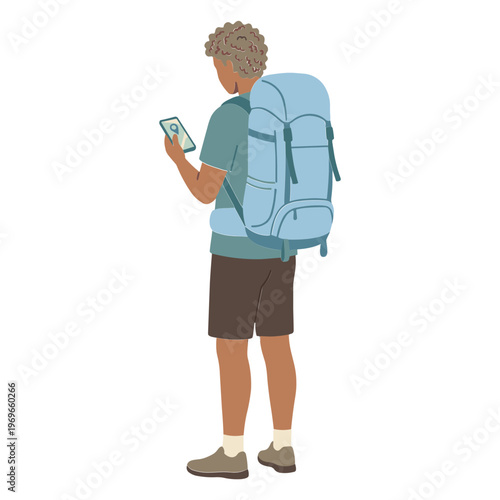 Man with backpack uses phone outdoors