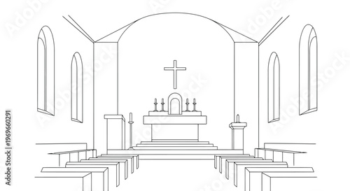 Vector illustration of an old white church window featuring a cross and cathedral architecture in an ancient European city temple drawing