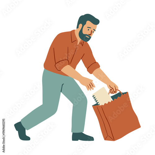 Man pulling out a book from a bag in an office setting slowly