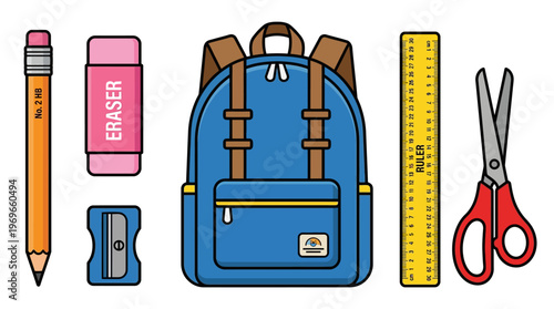 Colorful school supplies including a blue backpack and stationery
