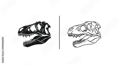 Dinosaur skull depictions in contrasting styles a bold black silhouette