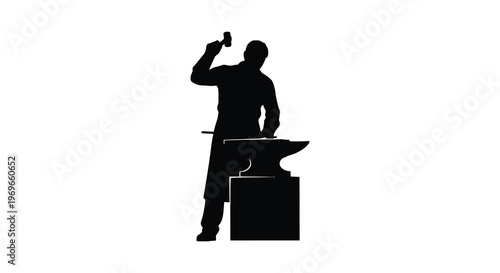 Blacksmith working at an anvil raising a hammer in a dynamic silhouette